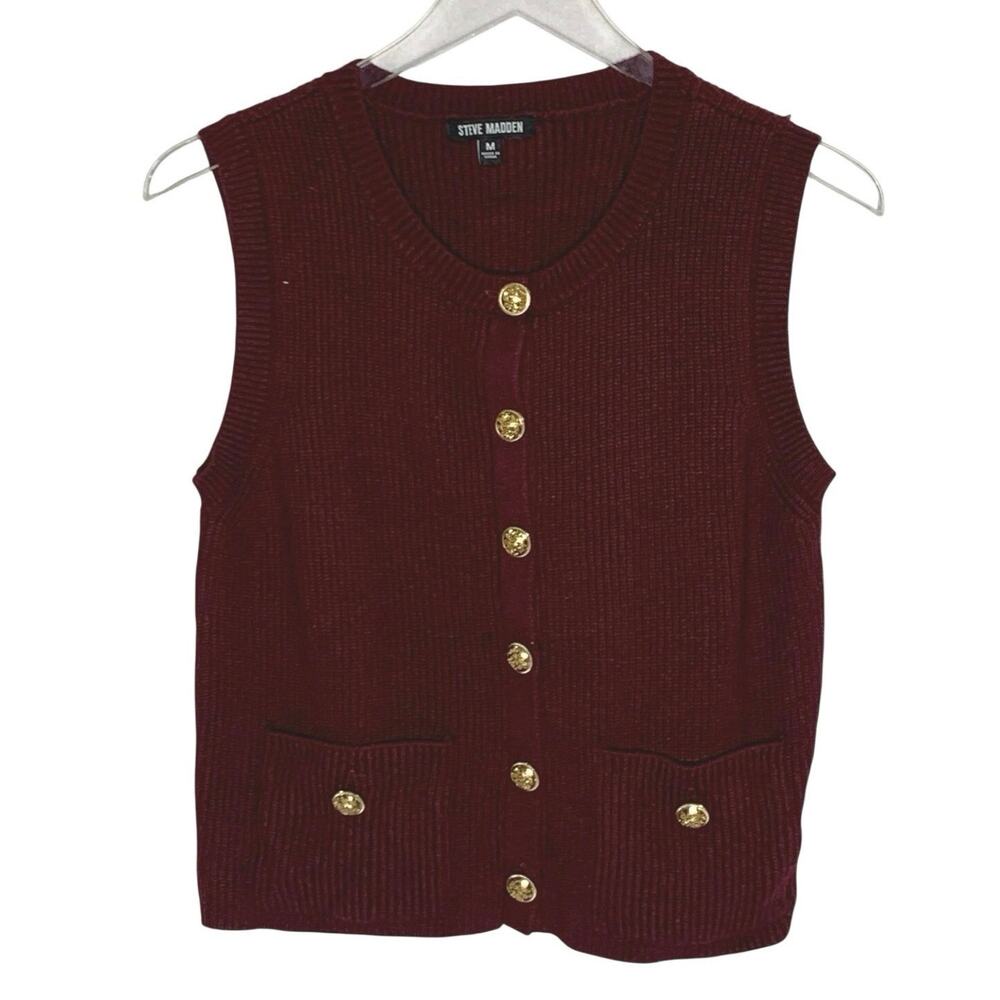 Steve Madden Aliya Knit Sweater Vest M Windsor Wine Maroon Gold Tone Buttons